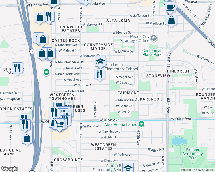 map of restaurants, bars, coffee shops, grocery stores, and more near 8710 West Hatcher Road in Peoria
