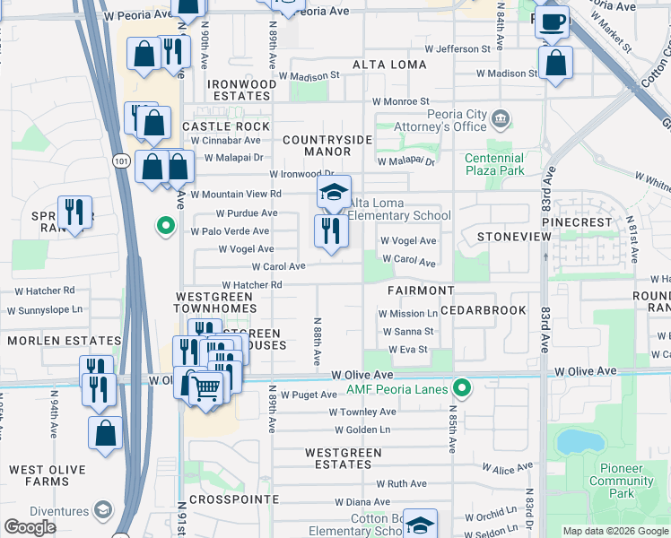 map of restaurants, bars, coffee shops, grocery stores, and more near 8775 West Hatcher Road in Peoria