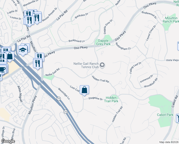 map of restaurants, bars, coffee shops, grocery stores, and more near 27041 Hidden Trail Road in Laguna Hills