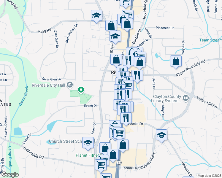 map of restaurants, bars, coffee shops, grocery stores, and more near 781 Mimosa Street in Riverdale