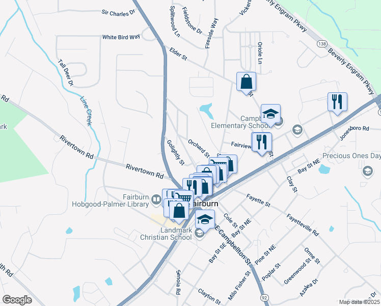 map of restaurants, bars, coffee shops, grocery stores, and more near 101 Dodd Street in Fairburn