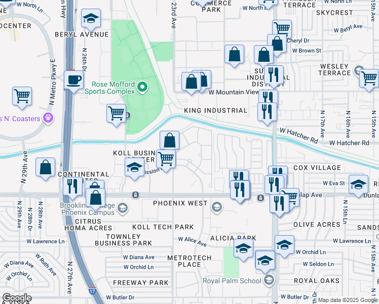 map of restaurants, bars, coffee shops, grocery stores, and more near West Mission Lane in Phoenix