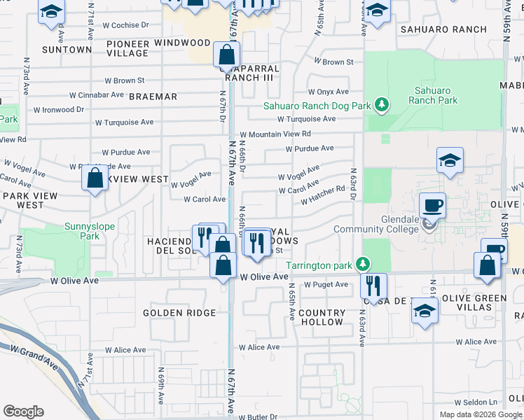 map of restaurants, bars, coffee shops, grocery stores, and more near 6607 West Sunnyslope Lane in Glendale