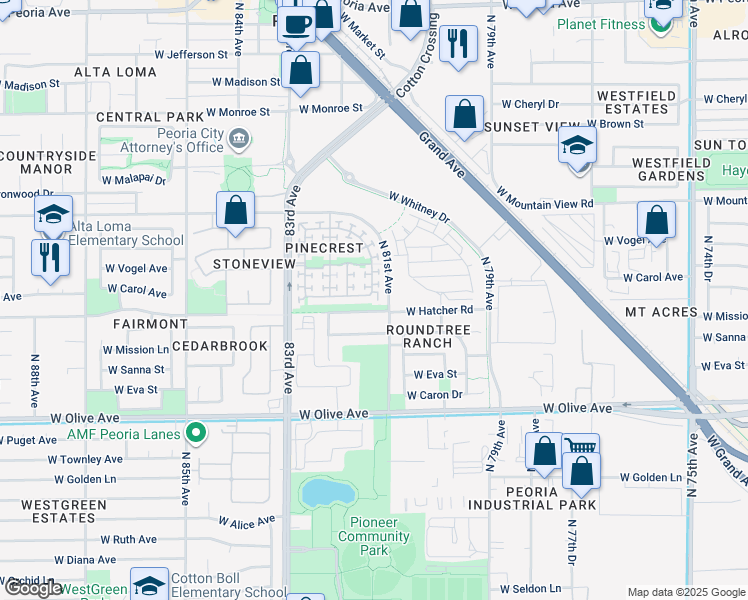 map of restaurants, bars, coffee shops, grocery stores, and more near 9469 North 81st Drive in Peoria