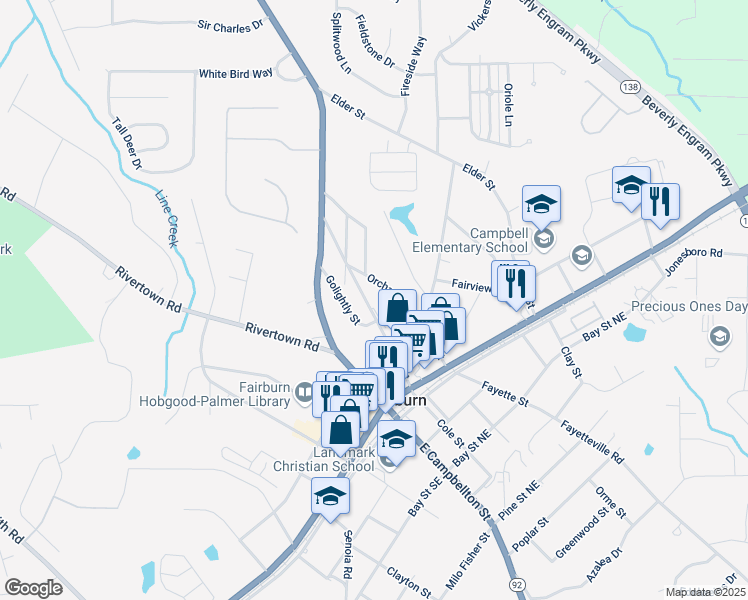 map of restaurants, bars, coffee shops, grocery stores, and more near 101 Dodd Street in Fairburn
