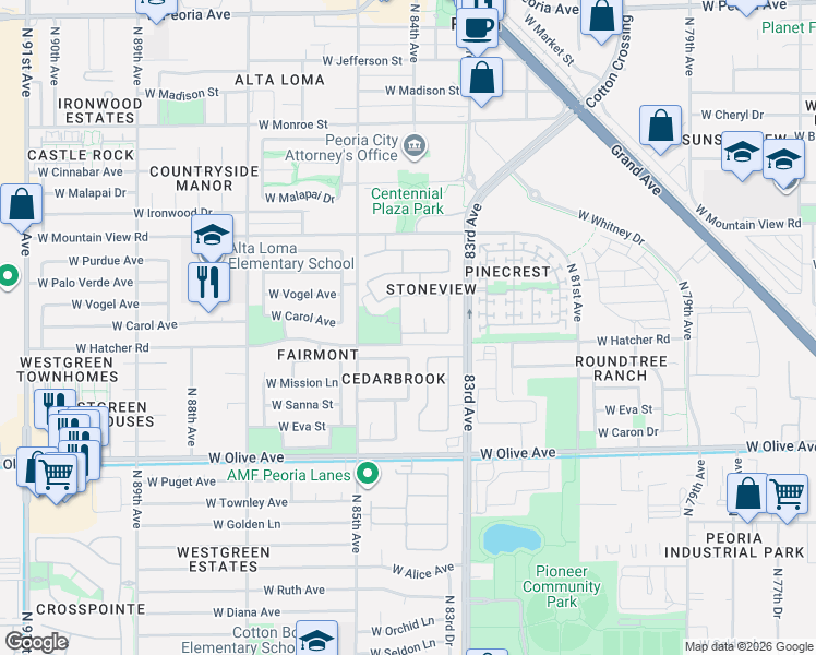 map of restaurants, bars, coffee shops, grocery stores, and more near 8416 West Sunnyslope Lane in Peoria