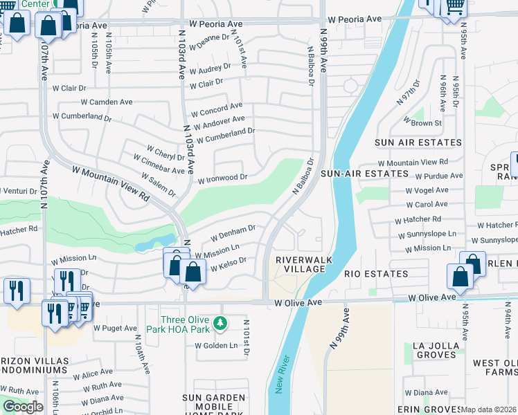 map of restaurants, bars, coffee shops, grocery stores, and more near 9922 West Denham Drive in Sun City