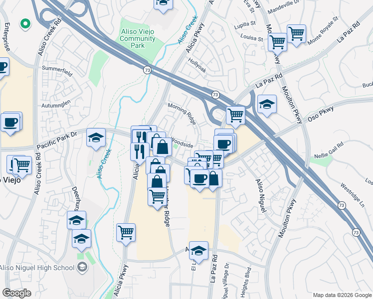 map of restaurants, bars, coffee shops, grocery stores, and more near in Aliso Viejo