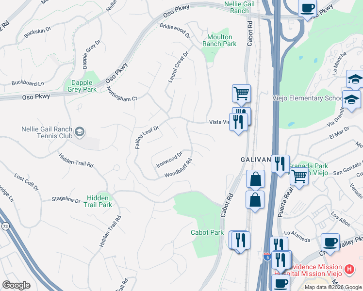 map of restaurants, bars, coffee shops, grocery stores, and more near 25806 Middle Ridge Lane in Laguna Hills