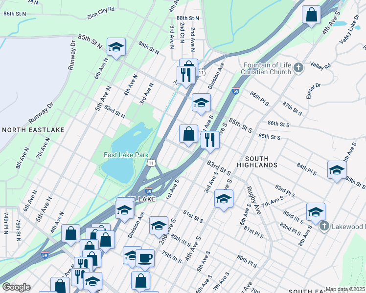 map of restaurants, bars, coffee shops, grocery stores, and more near 18 83rd Street South in Birmingham