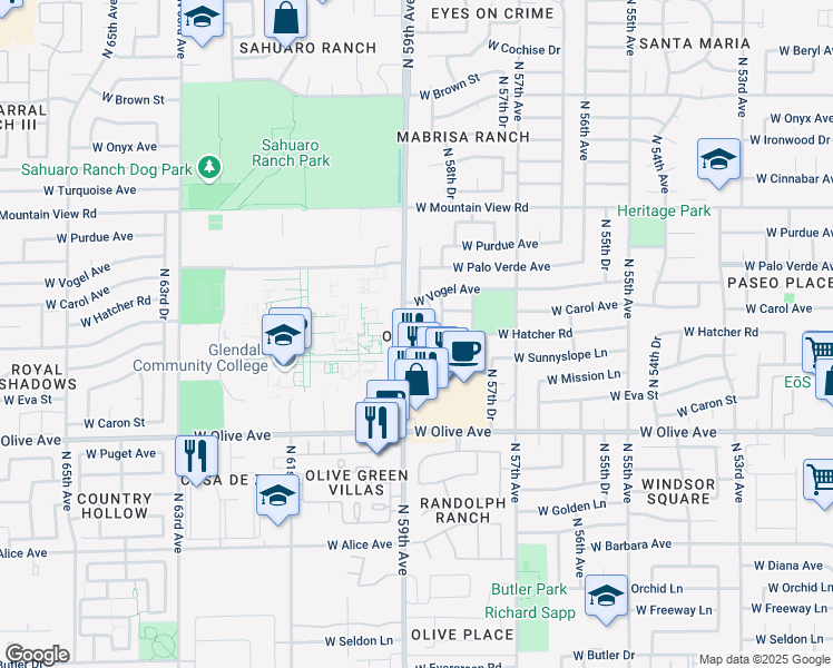map of restaurants, bars, coffee shops, grocery stores, and more near 9225 North 59th Avenue in Glendale