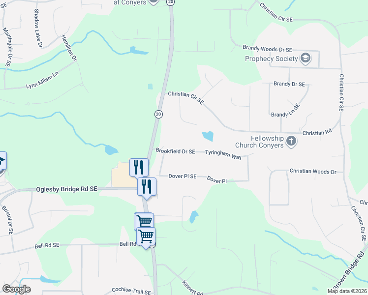 map of restaurants, bars, coffee shops, grocery stores, and more near 1108 Brookfield Drive Southeast in Conyers