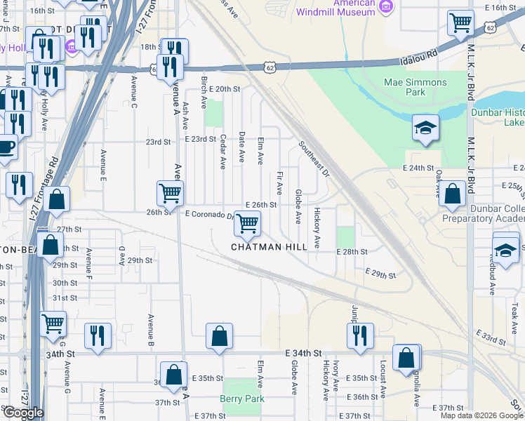 map of restaurants, bars, coffee shops, grocery stores, and more near 2614 Fir Avenue in Lubbock