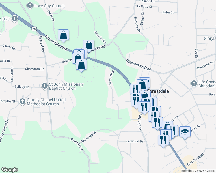 map of restaurants, bars, coffee shops, grocery stores, and more near 1624 Haven Drive North in Birmingham