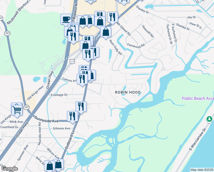 map of restaurants, bars, coffee shops, grocery stores, and more near 3573 County Road S-22-272 in Murrells Inlet