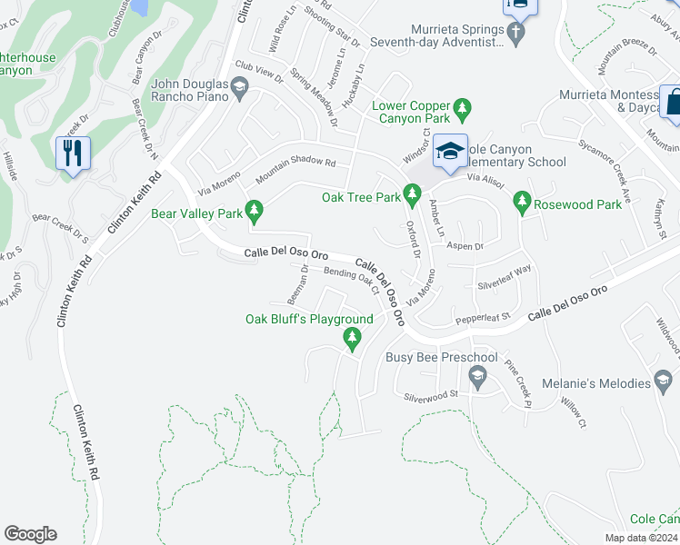 map of restaurants, bars, coffee shops, grocery stores, and more near 23537 Bending Oak Court in Murrieta