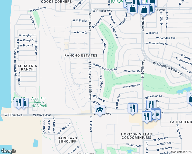 map of restaurants, bars, coffee shops, grocery stores, and more near 9463 North 111th Avenue in Sun City
