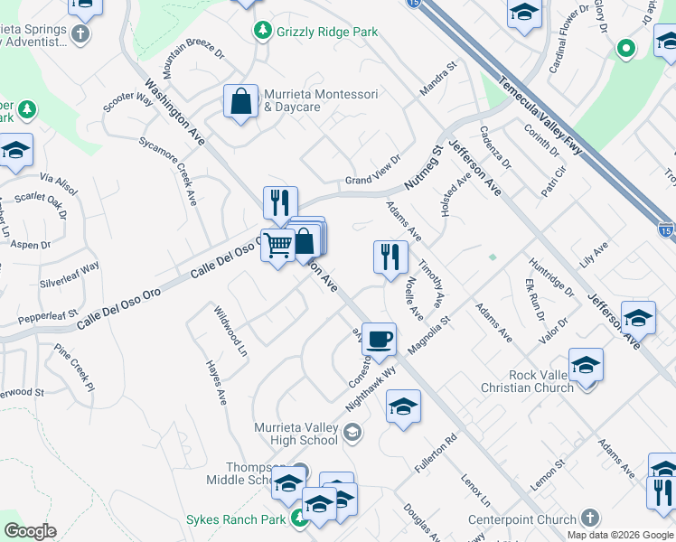 map of restaurants, bars, coffee shops, grocery stores, and more near 23870 Washington Avenue in Murrieta