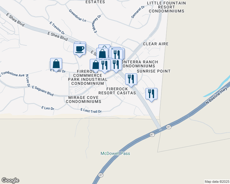 map of restaurants, bars, coffee shops, grocery stores, and more near 9210 North Firebrick Drive in Fountain Hills