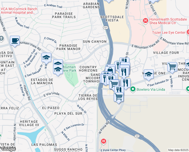 map of restaurants, bars, coffee shops, grocery stores, and more near 8769 East San Rafael Drive in Scottsdale