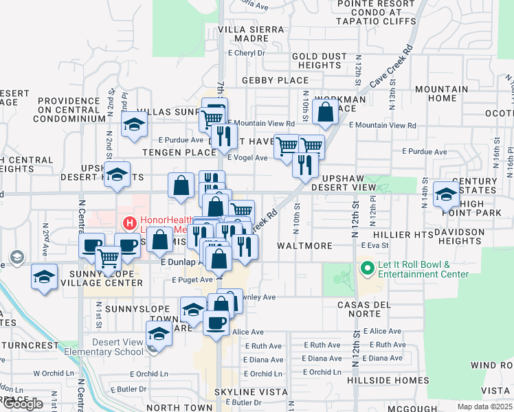 map of restaurants, bars, coffee shops, grocery stores, and more near 739 East Mission Lane in Phoenix