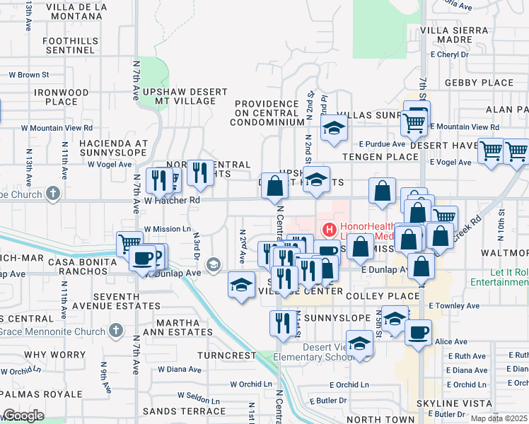 map of restaurants, bars, coffee shops, grocery stores, and more near 35 West Sunnyslope Lane in Phoenix