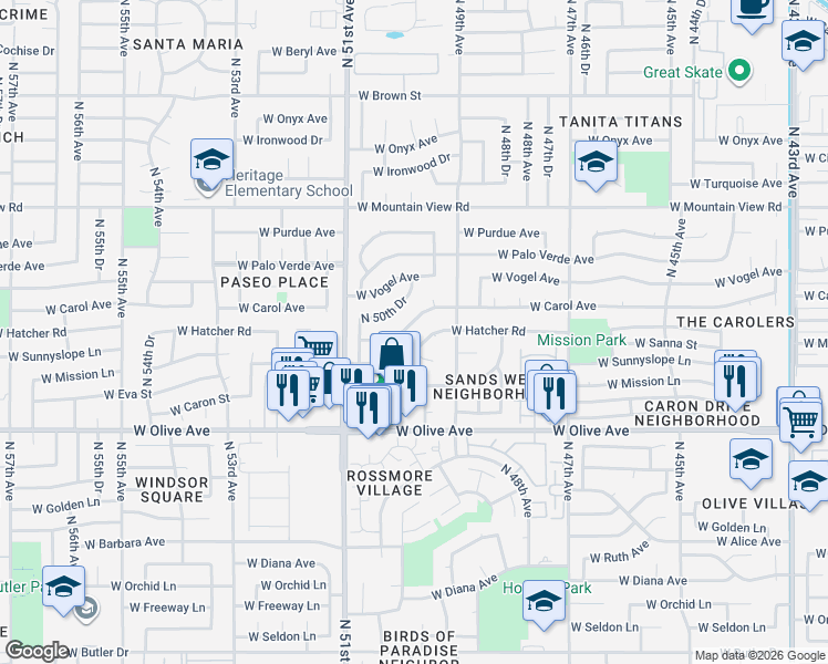 map of restaurants, bars, coffee shops, grocery stores, and more near 5014 West Sanna Street in Glendale