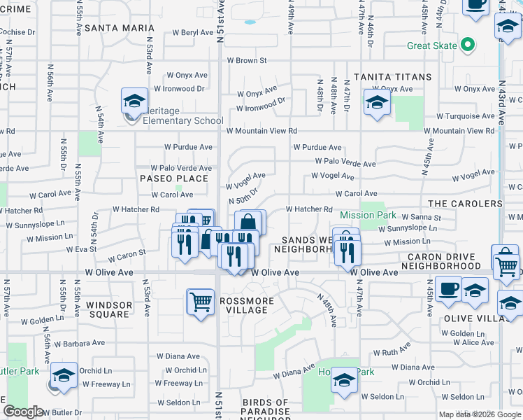 map of restaurants, bars, coffee shops, grocery stores, and more near 5014 West Sanna Street in Glendale
