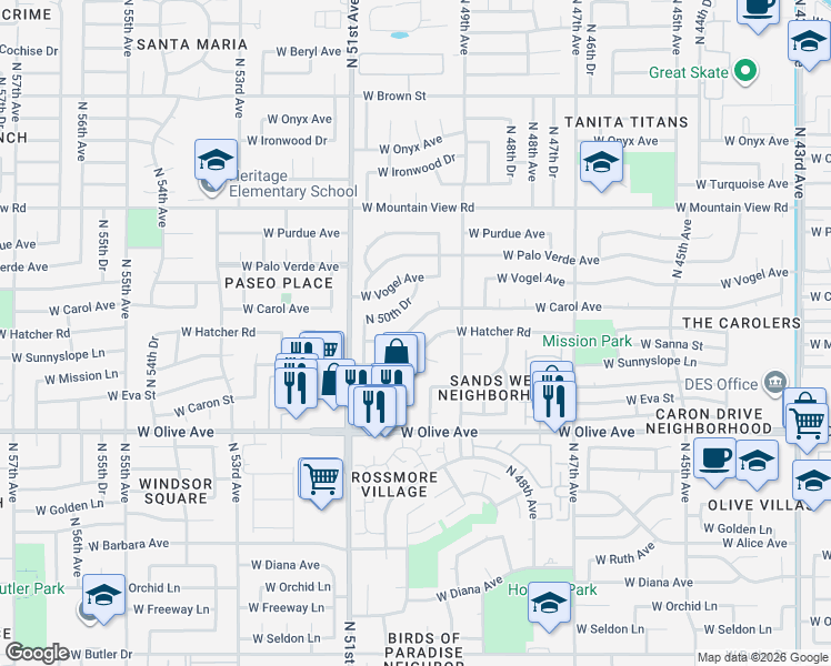 map of restaurants, bars, coffee shops, grocery stores, and more near 5014 West Sanna Street in Glendale