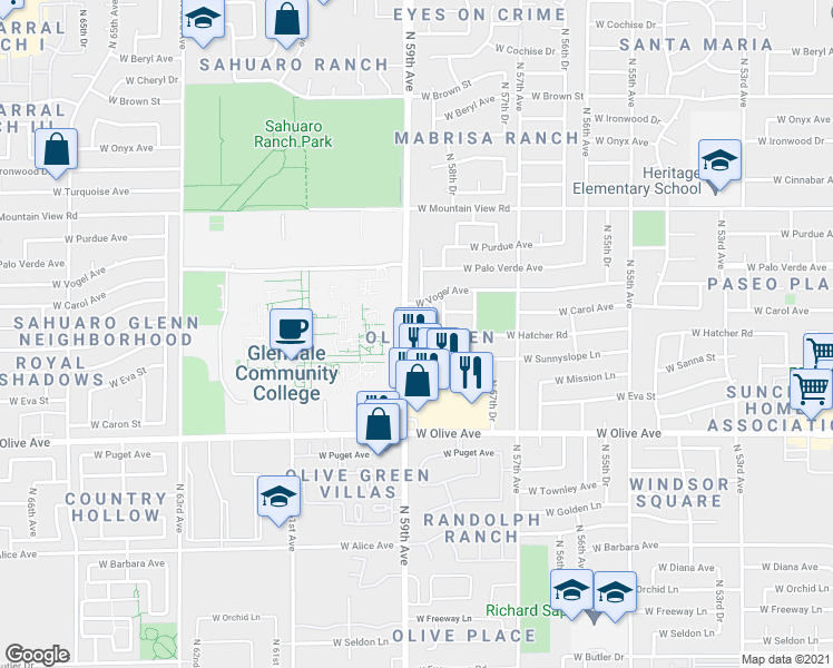 map of restaurants, bars, coffee shops, grocery stores, and more near 9225 North 59th Avenue in Glendale