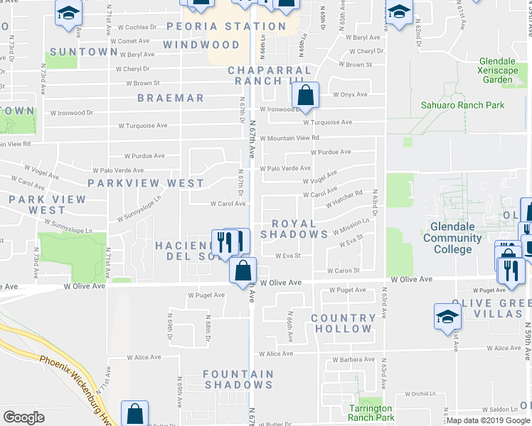 map of restaurants, bars, coffee shops, grocery stores, and more near 6607 West Sunnyslope Lane in Glendale