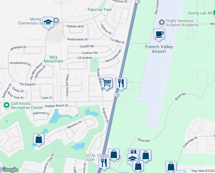 map of restaurants, bars, coffee shops, grocery stores, and more near 29992 Hunter Road in Murrieta