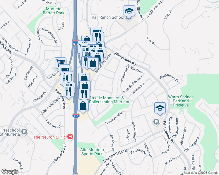 map of restaurants, bars, coffee shops, grocery stores, and more near 39690 Avenida Miguel Oeste in Murrieta