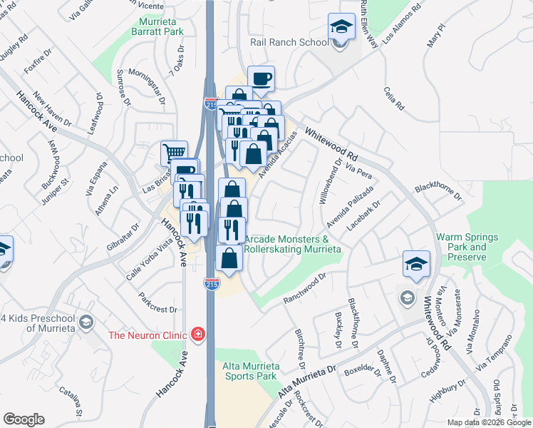 map of restaurants, bars, coffee shops, grocery stores, and more near 25123 Calle Entradero in Murrieta