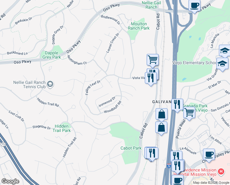 map of restaurants, bars, coffee shops, grocery stores, and more near 25806 Middle Ridge Lane in Laguna Hills