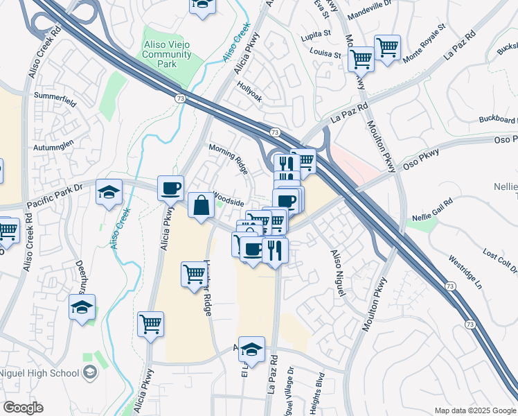map of restaurants, bars, coffee shops, grocery stores, and more near 38 Coventry Lane in Aliso Viejo