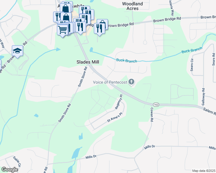 map of restaurants, bars, coffee shops, grocery stores, and more near 4551 Salem Road in Covington