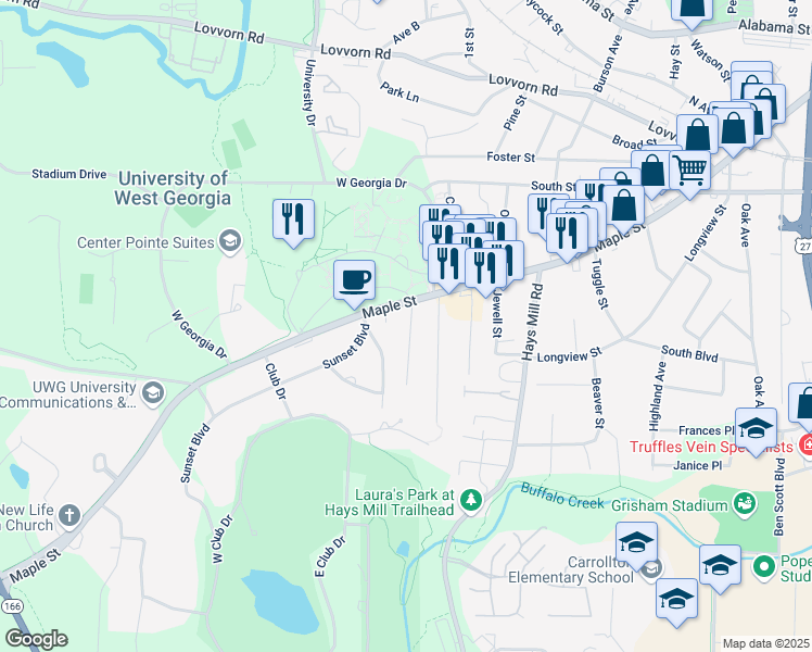 map of restaurants, bars, coffee shops, grocery stores, and more near 131 Howell Road in Carrollton