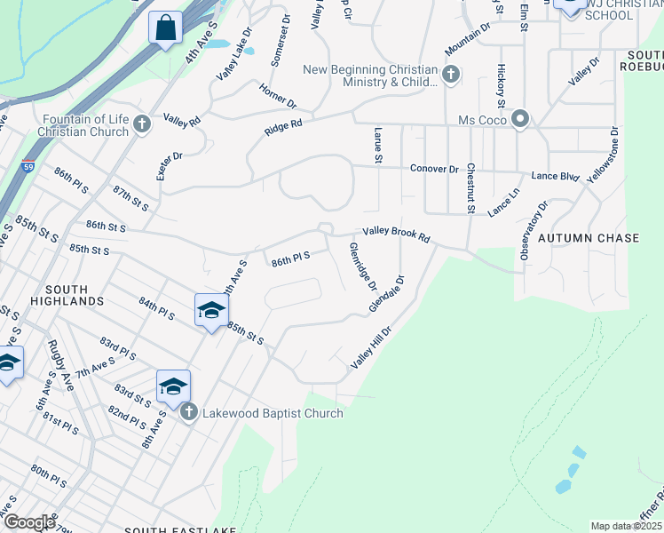 map of restaurants, bars, coffee shops, grocery stores, and more near 916 Glenvalley Drive in Birmingham