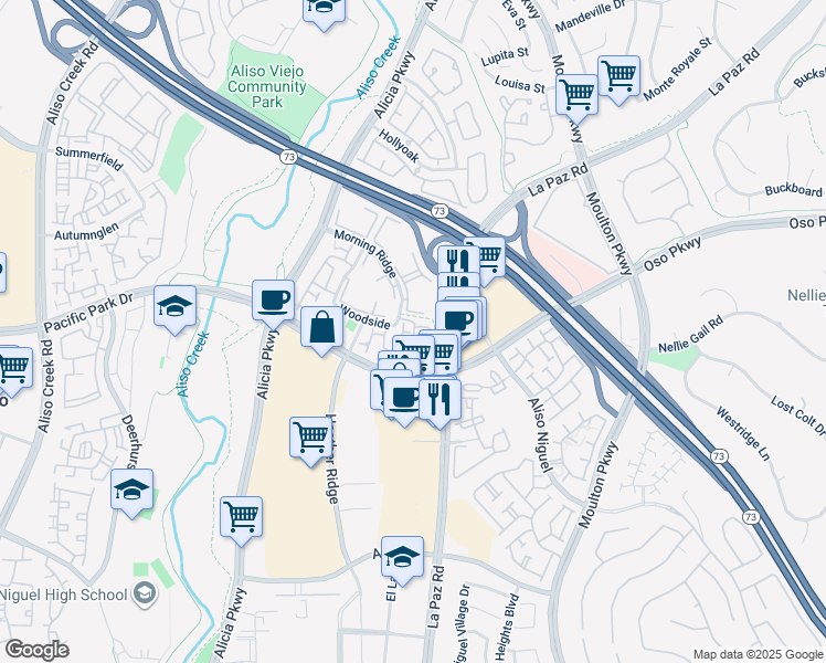 map of restaurants, bars, coffee shops, grocery stores, and more near 16 Abbey Lane in Laguna Hills