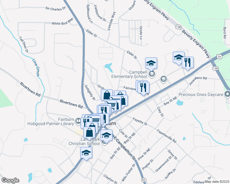 map of restaurants, bars, coffee shops, grocery stores, and more near 118 Strickland Street in Fairburn