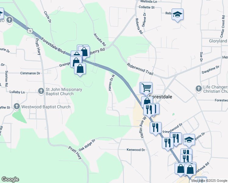 map of restaurants, bars, coffee shops, grocery stores, and more near 1645 Haven Drive North in Birmingham