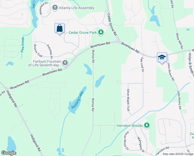 map of restaurants, bars, coffee shops, grocery stores, and more near 6890 Bishop Road in Fairburn