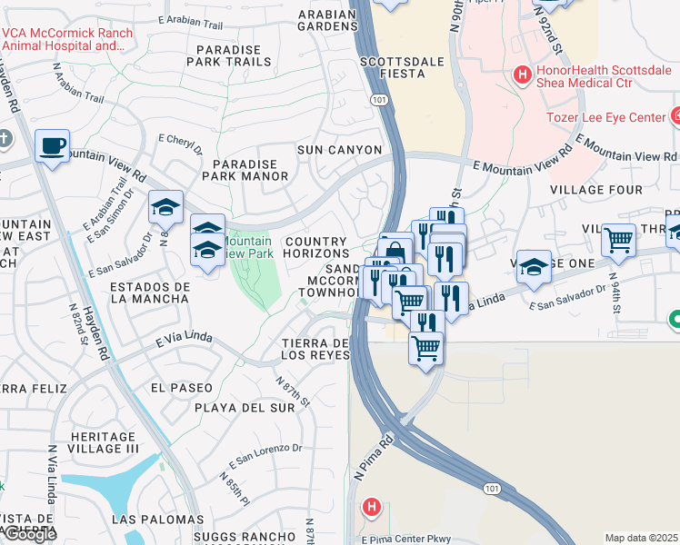 map of restaurants, bars, coffee shops, grocery stores, and more near 8769 East San Rafael Drive in Scottsdale