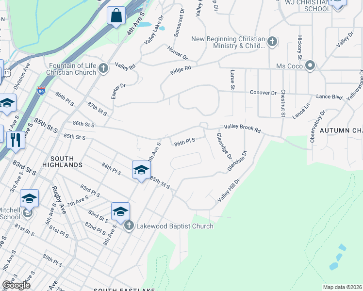 map of restaurants, bars, coffee shops, grocery stores, and more near 824 86th Place South in Birmingham
