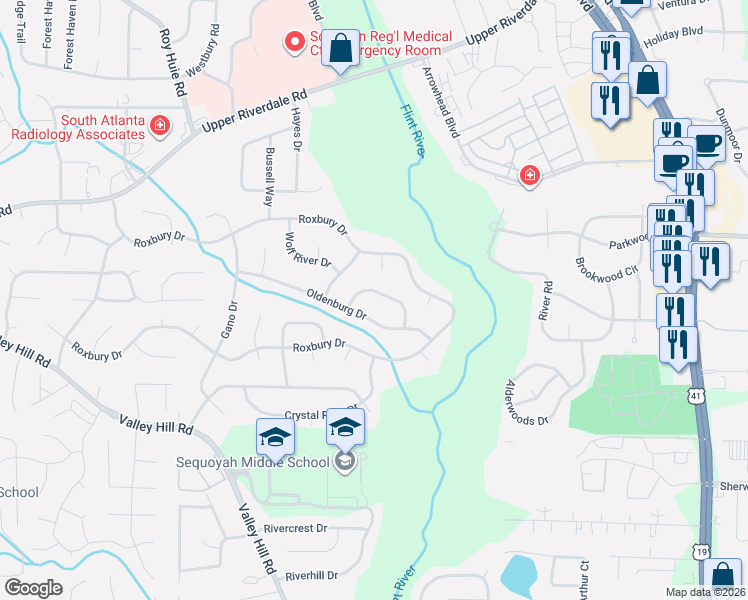 map of restaurants, bars, coffee shops, grocery stores, and more near 154 Oldenburg Drive in Riverdale