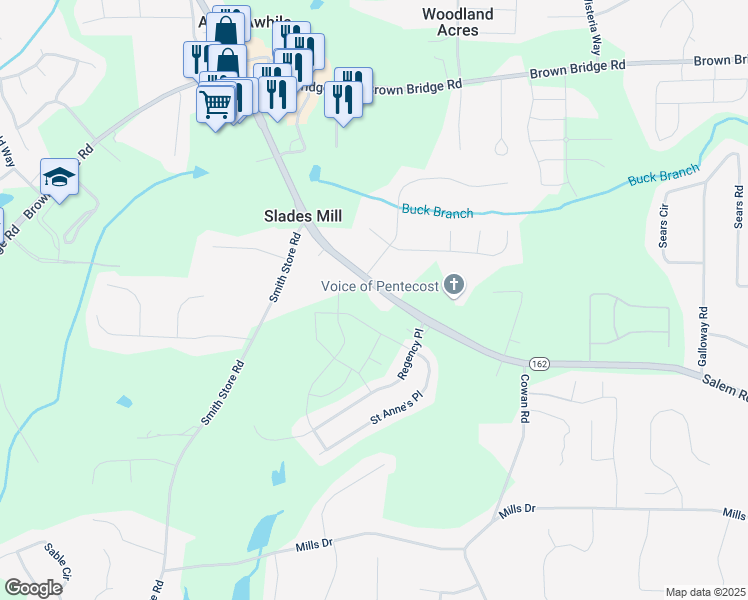 map of restaurants, bars, coffee shops, grocery stores, and more near 4551 Salem Road in Covington