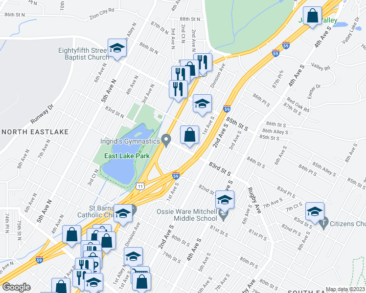 map of restaurants, bars, coffee shops, grocery stores, and more near 8303 Division Avenue in Birmingham