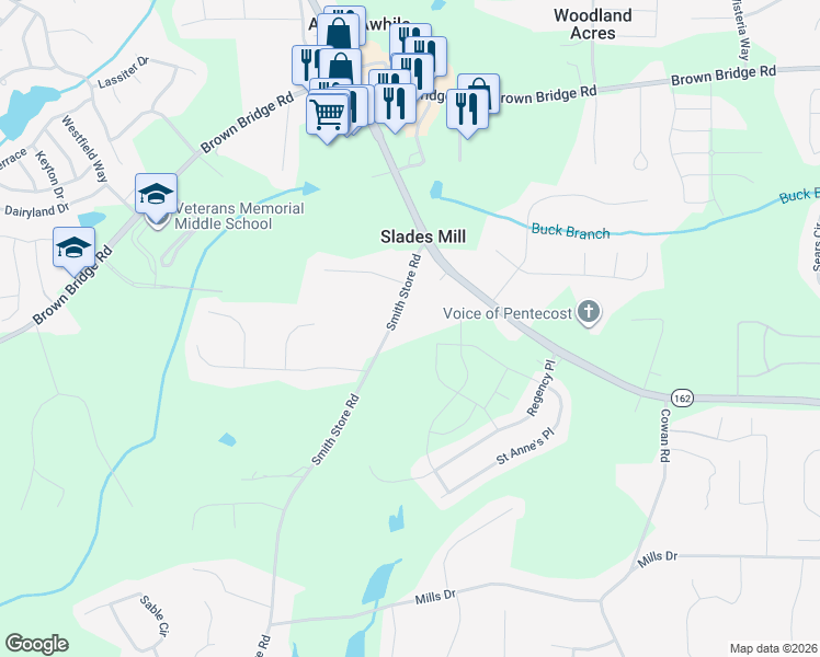 map of restaurants, bars, coffee shops, grocery stores, and more near 115 Smith Store Road in Covington