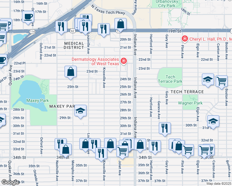map of restaurants, bars, coffee shops, grocery stores, and more near 3506 27th Street in Lubbock